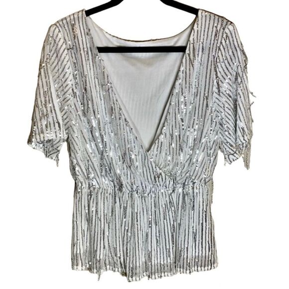 Silver Sequin NWOT V-neck Festive Top Sz M - Picture 1 of 7